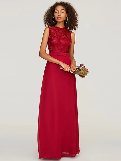 A-Line Bridesmaid Dress Jewel Neck Sleeveless Floor Length Chiffon Lace with Sash Ribbon Bow(s)