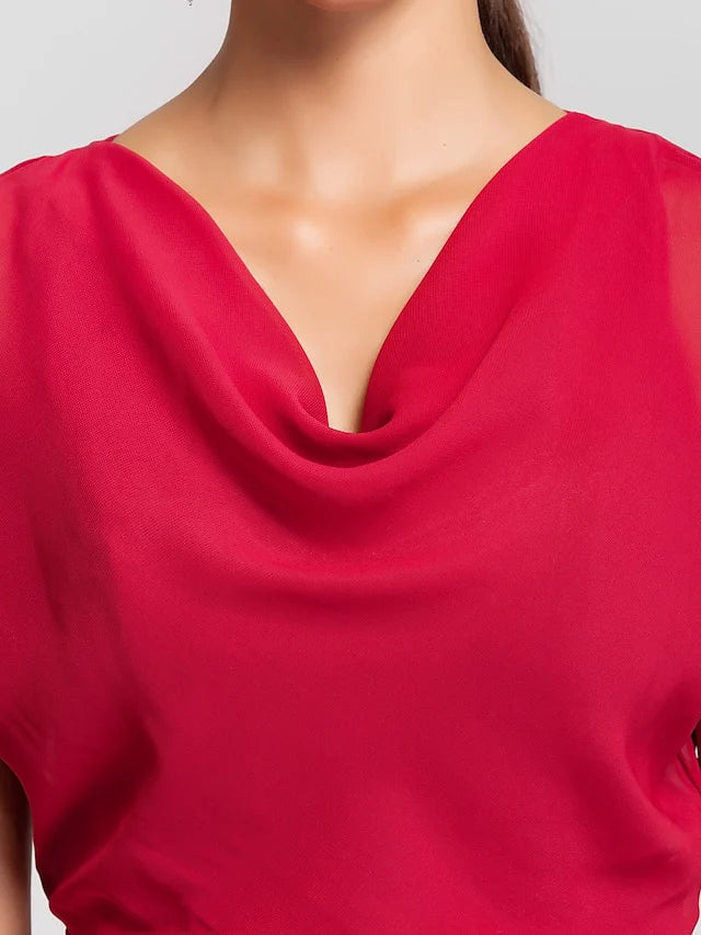 Sheath / Column Bridesmaid Dress Cowl Neck Short Sleeve Elegant Floor Length Chiffon with Sash / Ribbon / Draping