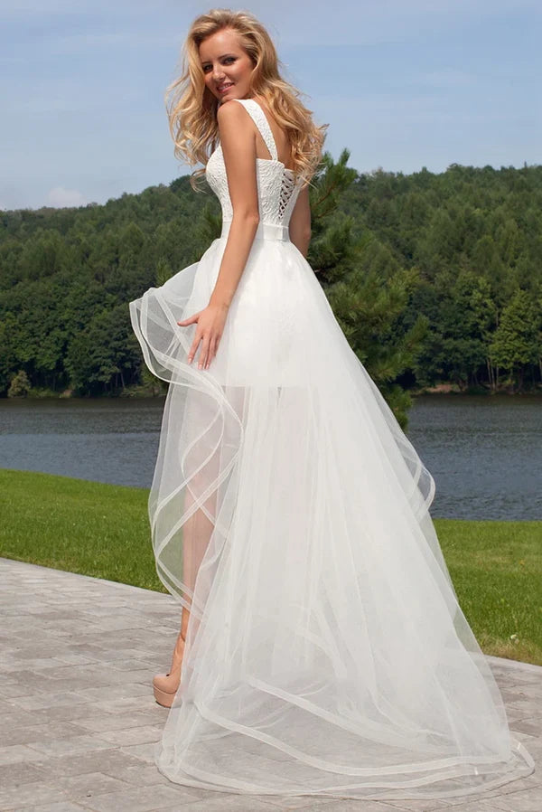 Sweetheart Detachable Tulle Lace Wedding Dress With Tied Back