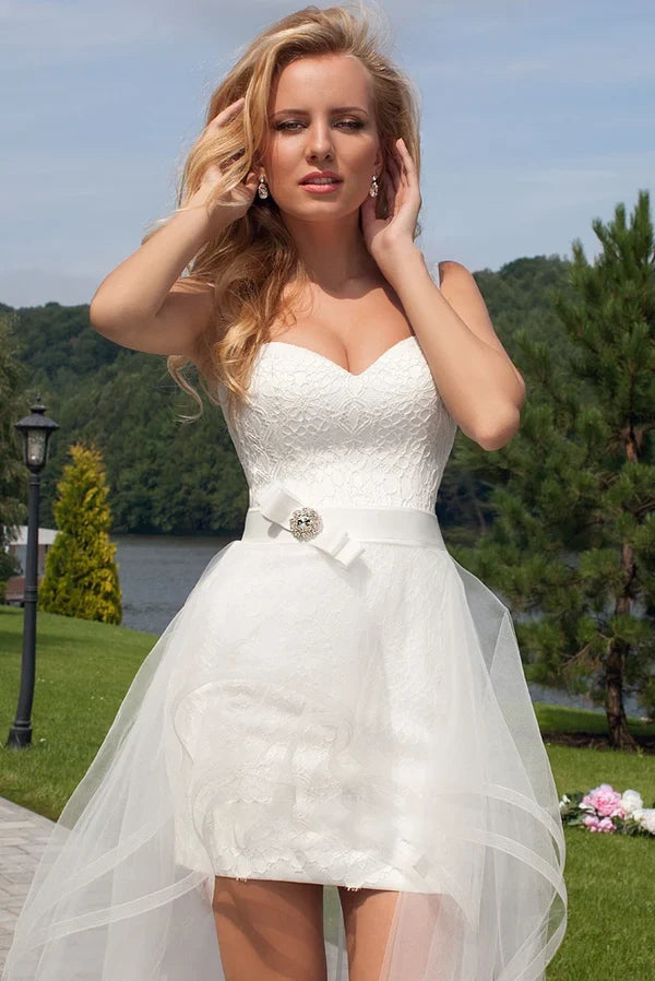 Sweetheart Detachable Tulle Lace Wedding Dress With Tied Back