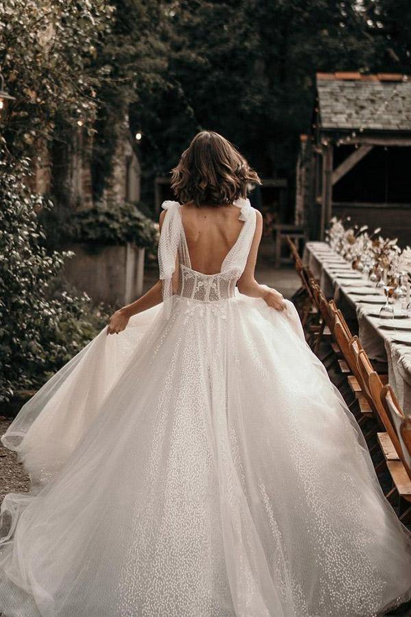 A Line Ivory Straps Sequins Sleeveless Wedding Dresses With Slit
