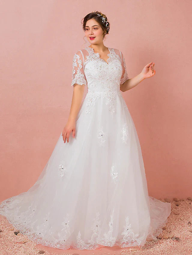 Hall Wedding Dresses Cathedral Train A-Line Half Sleeve V Neck Satin With Lace Crystals