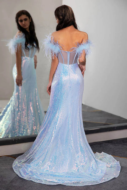 One-shoulder Light Blue Sequin Corset Prom Dress with Feathers Sweep/Brush Train Dresses