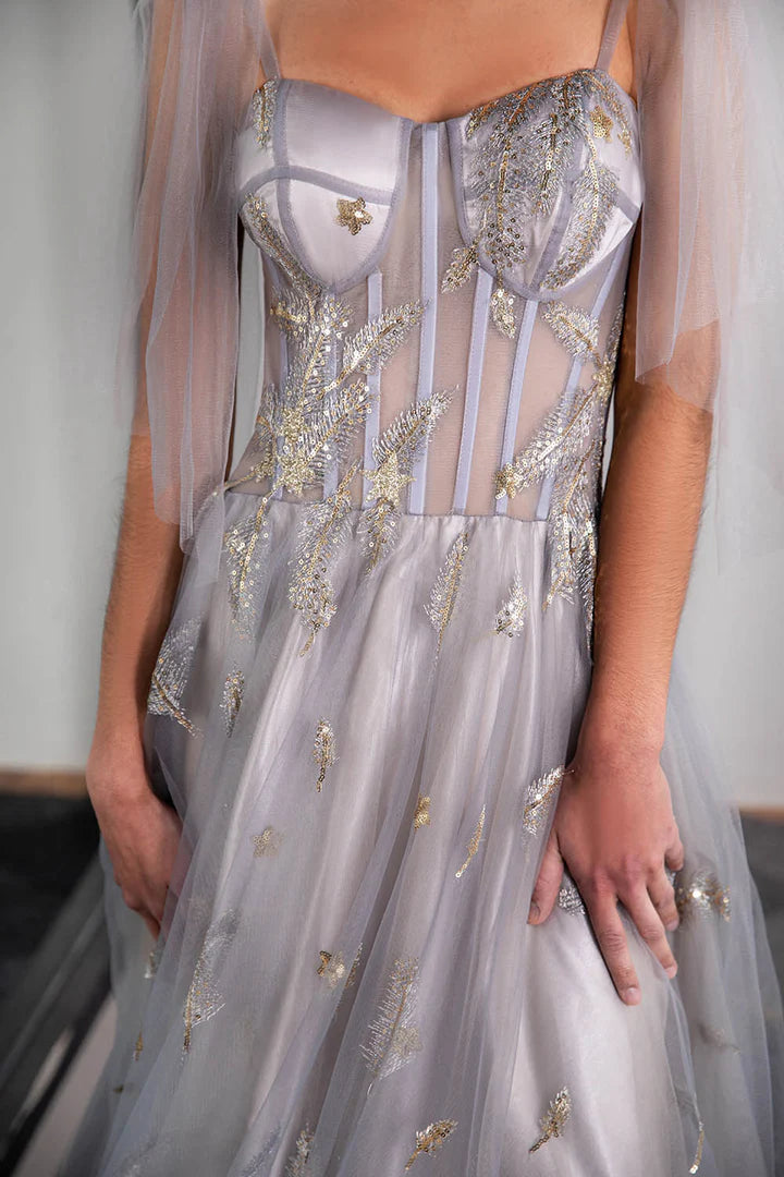A-Line Princess Tulle Sheer Corset Bodice Prom Dress with Feather Embroidery
