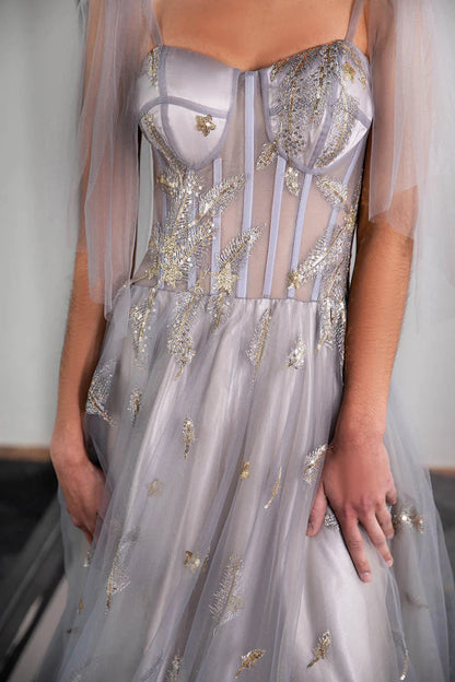 A-Line Princess Tulle Sheer Corset Bodice Prom Dress with Feather Embroidery