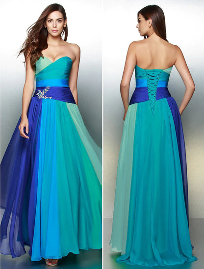 A-Line Color Block Dress Wedding Guest Floor Length Sleeveless Sweetheart Chiffon Backless with Ruched Crystals