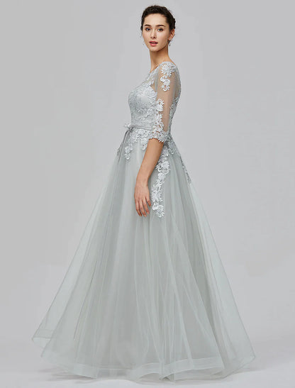 A-Line Empire Dress Wedding Guest Floor Length Half Sleeve Illusion Neck Tulle with Bow(s) Appliques