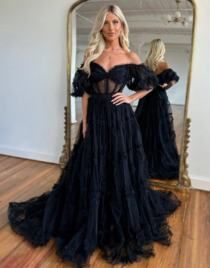 A-Line Princess Dress Off The Shoulder Tulle Long Prom Dress
