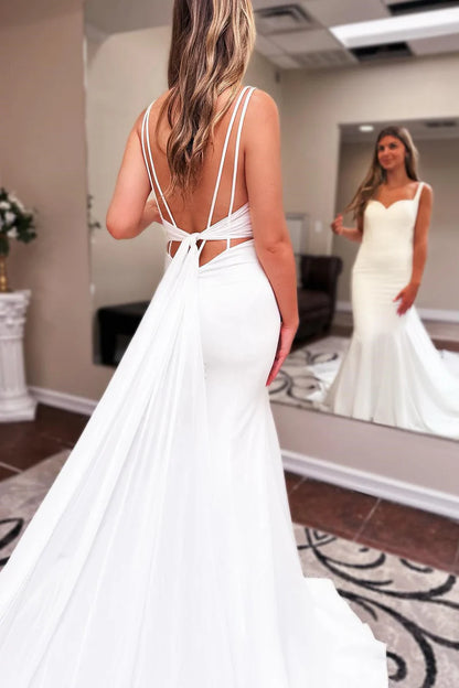 White Long Chiffon Mermaid Boho Wedding Dress Sweetheart Backless