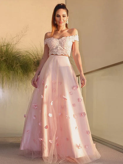 A-Line Princess Tulle Hand-Made Flower Off-the-Shoulder Sleeveless Floor-Length Two Piece Dresses