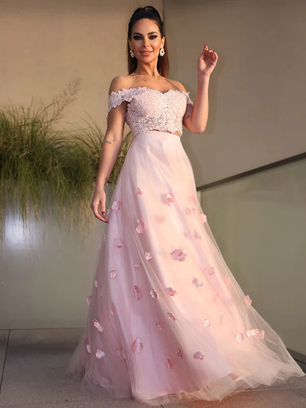 A-Line Princess Tulle Hand-Made Flower Off-the-Shoulder Sleeveless Floor-Length Two Piece Dresses