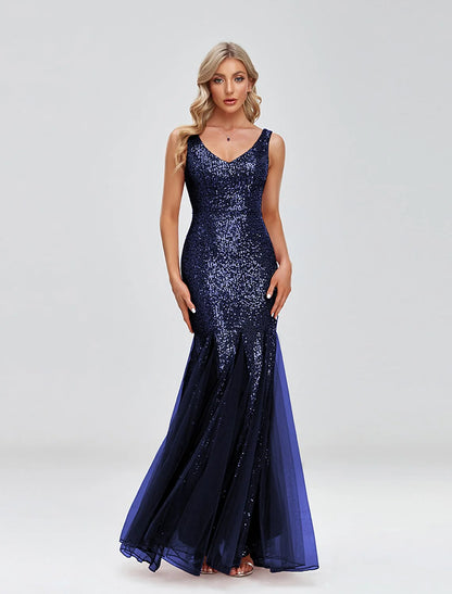 Mermaid / Trumpet Evening Gown Sparkle Dress Wedding Guest Formal Evening Floor Length Sleeveless V Neck Tulle V Back with Sequin Splicin