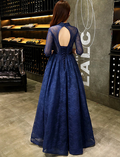 A-Line Evening Gown Beautiful Back Dress Wedding Guest Floor Length Half Sleeve V Neck Lace with Beading