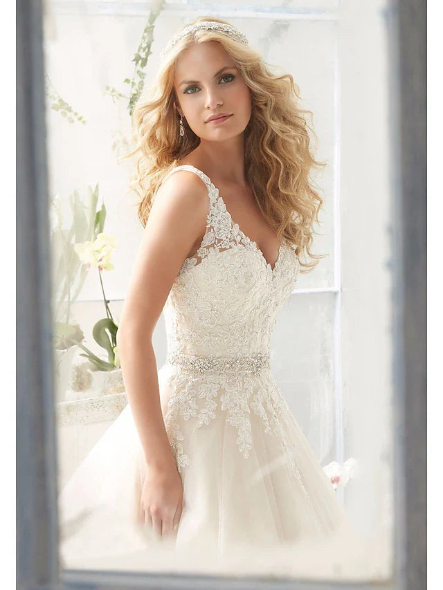 Engagement Open Back Sexy Formal Wedding Dresses Court Train A-Line Sleeveless V Neck Lace