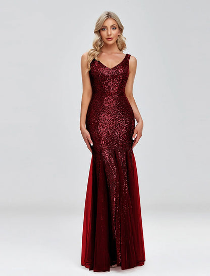 Mermaid / Trumpet Evening Gown Sparkle Dress Wedding Guest Formal Evening Floor Length Sleeveless V Neck Tulle V Back with Sequin Splicin