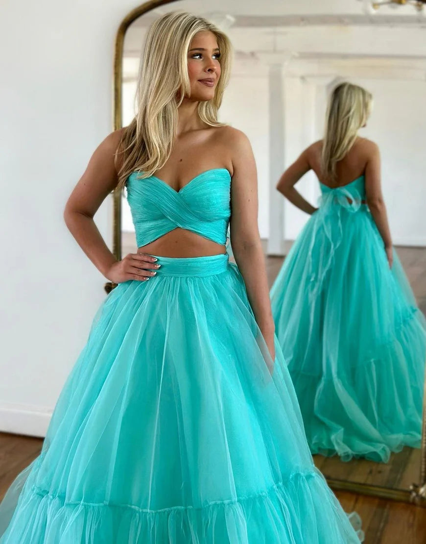 A Line Off The Shoulder Two Pieces Tulle Long Prom Dress