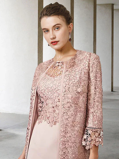Two Piece Sheath / Column Mother of the Bride Dress Church Elegant Jewel Neck Knee Length Chiffon Lace Short Sleeve Jacket Dresses with Appliques