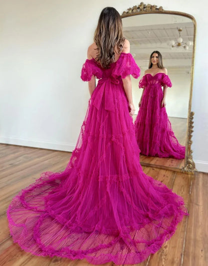 A-Line Princess Dress Off The Shoulder Tulle Long Prom Dress