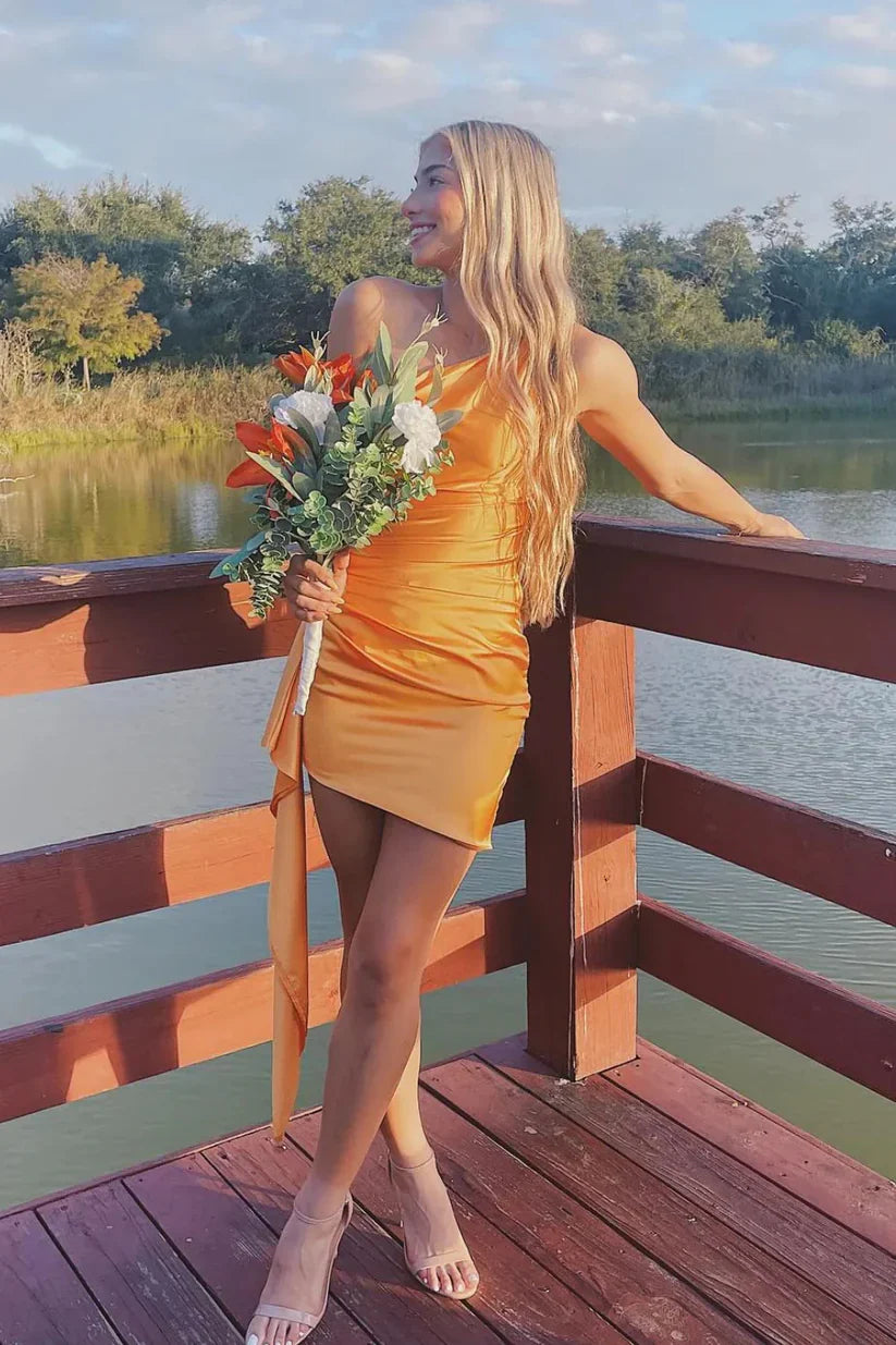 Glamorous Satin A-line One-shoulder Sleeveless Open-back Mini Homecoming Dress