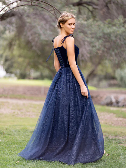 Navy Blue Spagatti Straps Velvet Tulle Floor Length Prom Dress