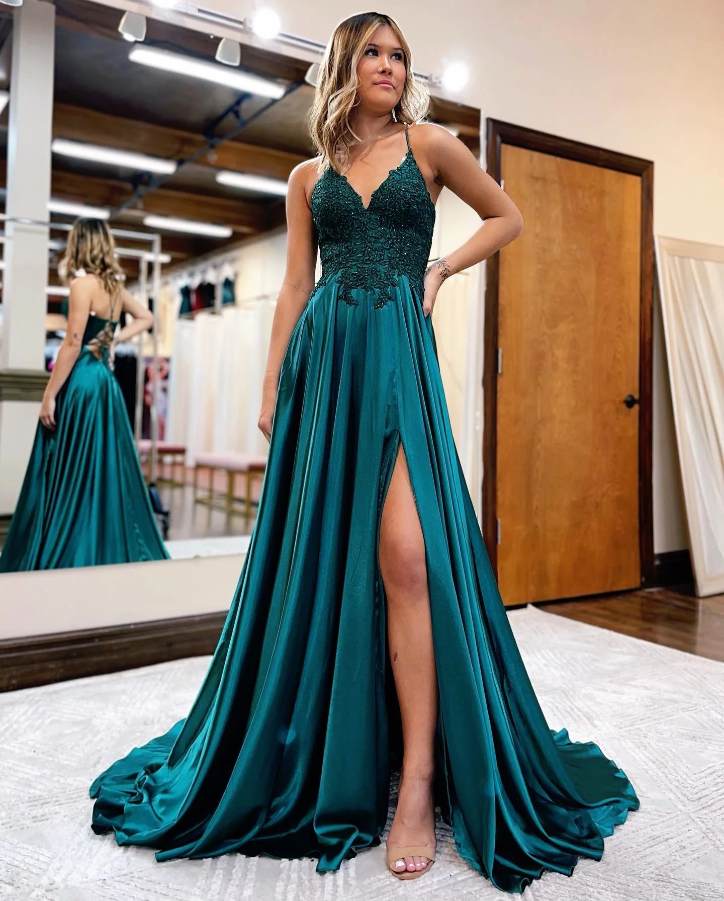 A-Line V-Neck Long Prom Dress Lace With Slit