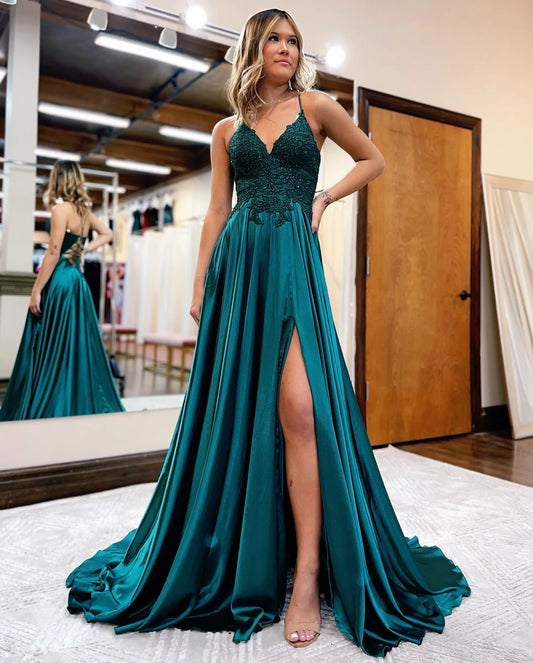 A-Line V-Neck Long Prom Dress Lace With Slit