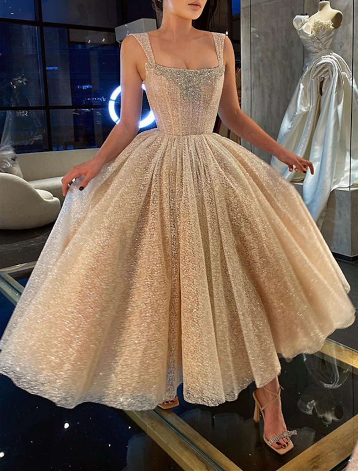 Ball Gown Prom Dresses Corsets Dress Graduation Wedding Party Dress Ankle Length Sleeveless Spaghetti Strap Tulle with Sequi