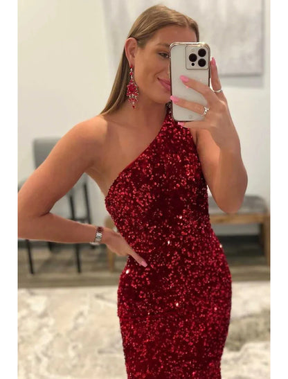 Mermaid / Trumpet Prom Dresses Sexy Dress Formal Floor Length Sleeveless One Shoulder Sequined Backless with Sequin