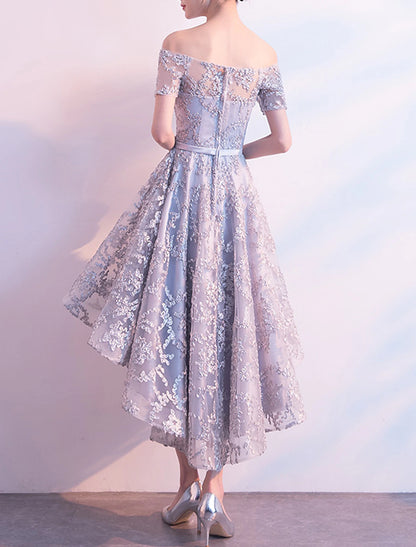 A-Line Cocktail Dresses Elegant Dress Homecoming Asymmetrical Short Sleeve Off Shoulder Tulle with Bow(s) Pleats