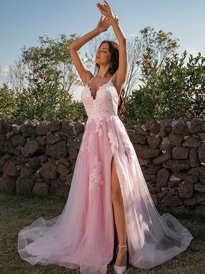 A-Line/Princess Tulle Applique V-neck Sleeveless Sweep/Brush Train Dresses