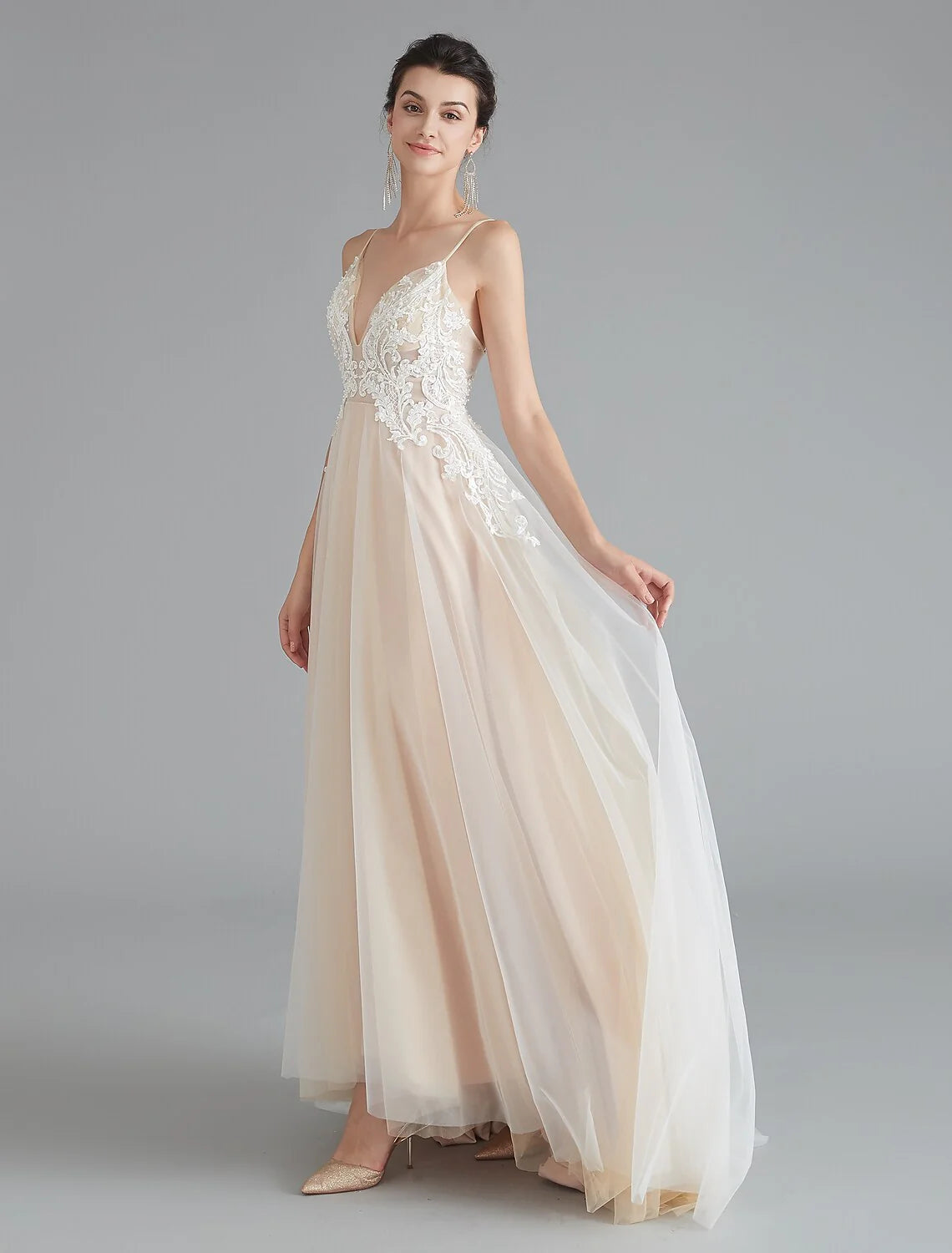 A-Line Prom Dresses Beautiful Back Dress Wedding Guest Sweep / Brush Train Sleeveless V Neck Lace with Beading