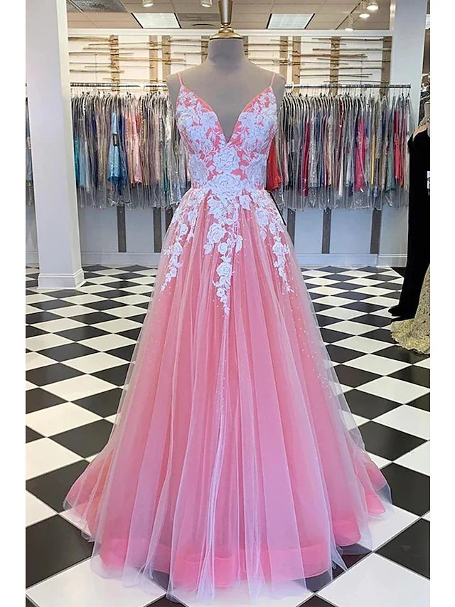 A-Line Prom Dresses Princess Dress Formal Floor Length Sleeveless V Neck Tulle with Pleats Appliques
