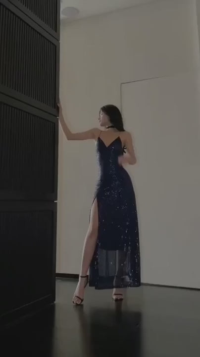 Fashion Mermaid V Neck Lace Up Sequins Ankle-Length Evening Dress