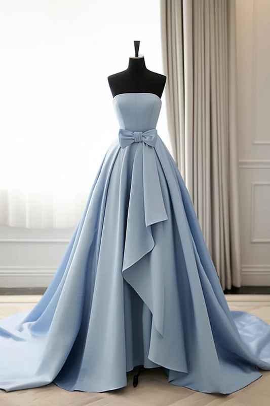 A-Line Blue Satin Long Prom Dress Simple Satin Formal Evening Dress