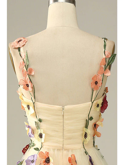 A-Line Wedding Guest Dresses Floral Dress Holiday Floor Length Sleeveless Spaghetti Strap Tulle with Appliques