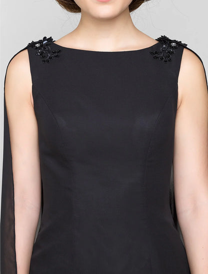 Sheath / Column Mother of the Bride Dress Wrap Included Bateau Neck Knee Length Chiffon Sleeveless yes with Crystals
