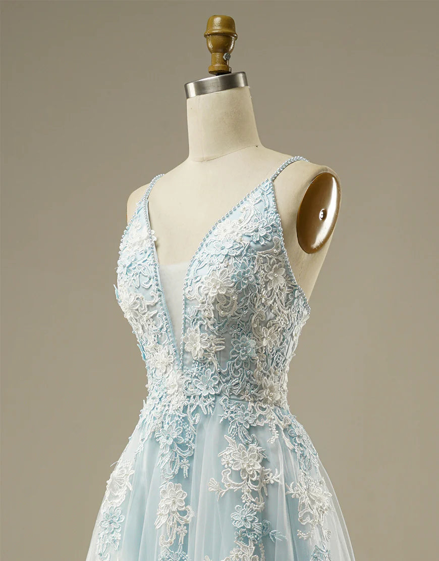 A-line V-Neck Light Blue Tulle Prom Dress