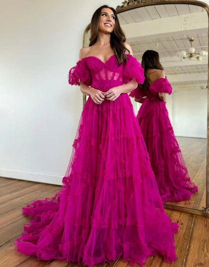 A-Line Princess Dress Off The Shoulder Tulle Long Prom Dress