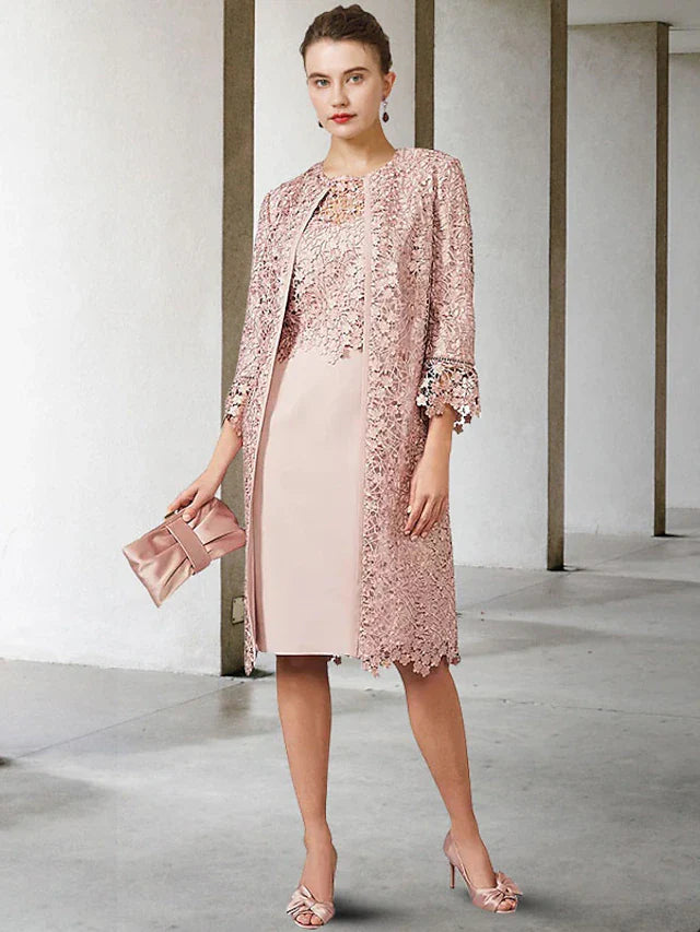 Two Piece Sheath / Column Mother of the Bride Dress Church Elegant Jewel Neck Knee Length Chiffon Lace Short Sleeve Jacket Dresses with Appliques