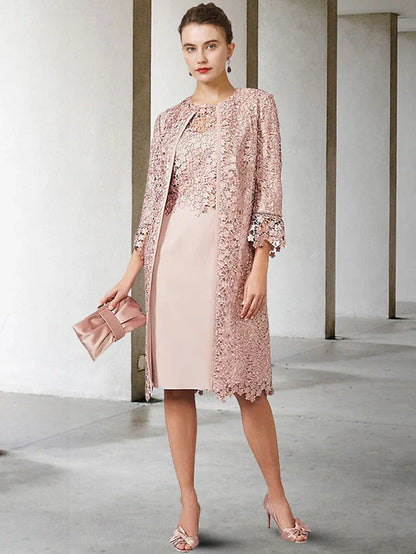 Two Piece Sheath / Column Mother of the Bride Dress Church Elegant Jewel Neck Knee Length Chiffon Lace Short Sleeve Jacket Dresses with Appliques