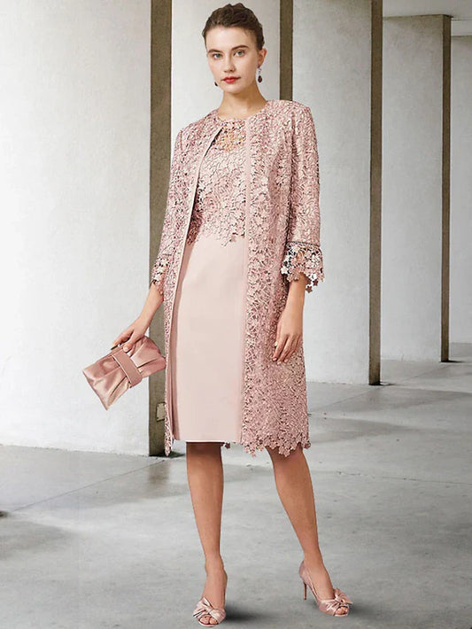 Two Piece Sheath / Column Mother of the Bride Dress Church Elegant Jewel Neck Knee Length Chiffon Lace Short Sleeve Jacket Dresses with Appliques