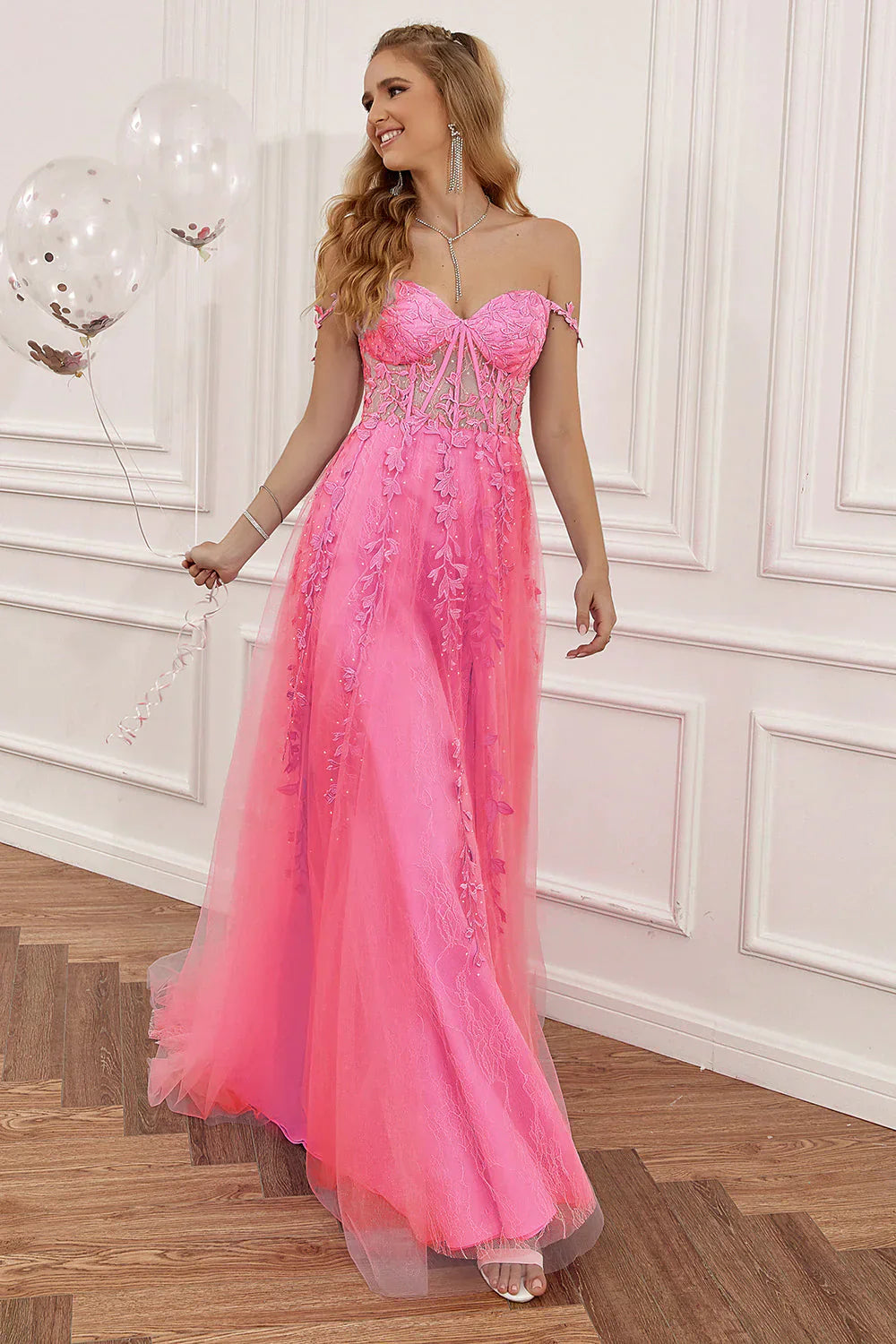 A-line Long Tulle Appliques Prom Dress With Slit