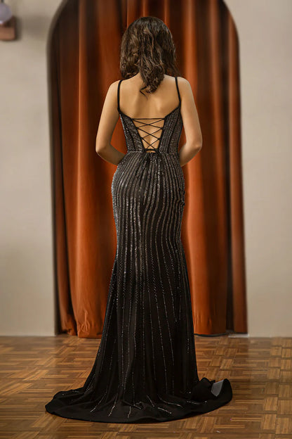 Spaghetti Strap Beaded Fitted Corset Black Dress Prom Dress with Slit