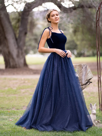 Navy Blue Spagatti Straps Velvet Tulle Floor Length Prom Dress
