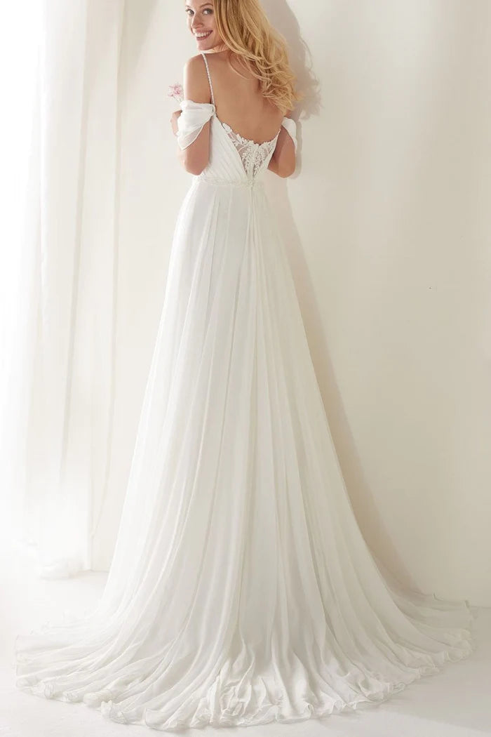 A-Line Tulle Spaghetti Straps Off-the-Shoulder Sweep Train Wedding Dress