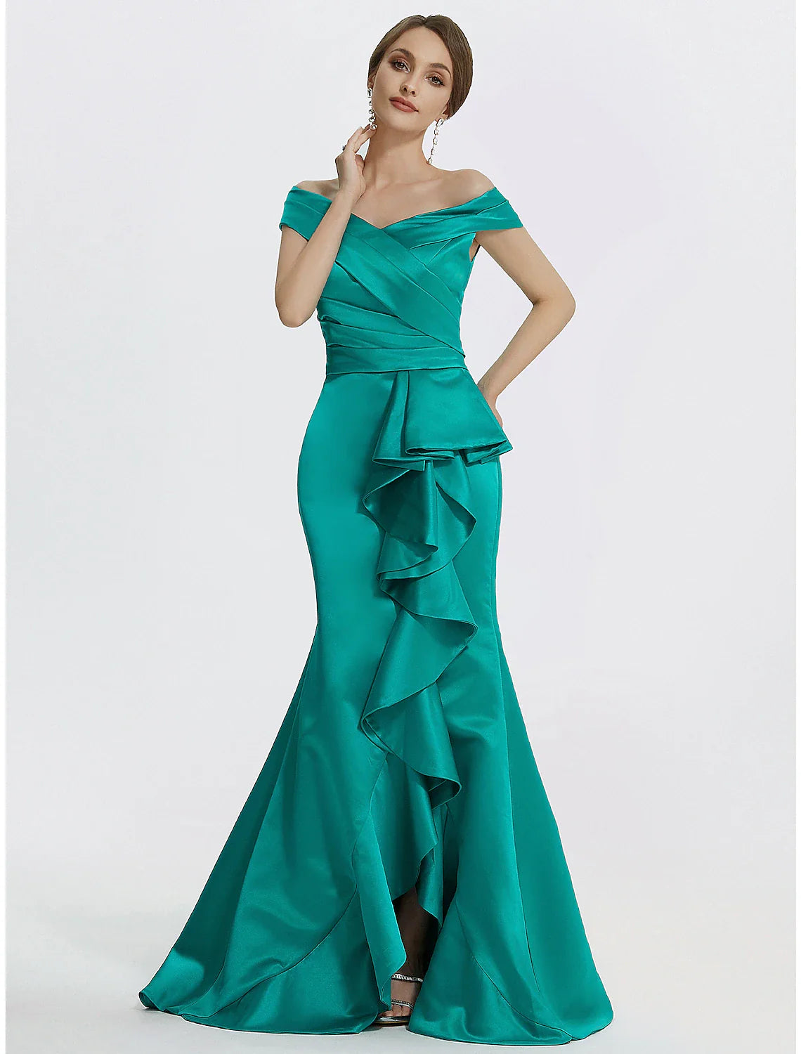 Sheath / Column Evening Gown Elegant Dress Formal Floor Length Sleeveless Off Shoulder Satin with Ruffles