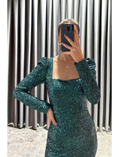 Sheath / Column Evening Gown Elegant Black Dress Formal Fall Tea Length Long Sleeve Square Neck Sequined with Glitter Slit