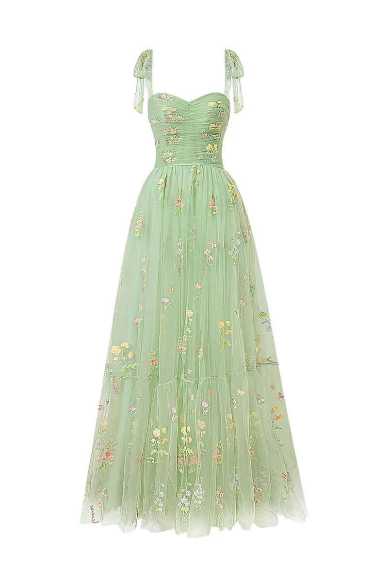 A-Line Sweetheart Neck Prom Dress Floor Length Tulle With Embroidery Floral