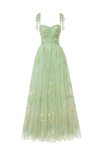 A-Line Sweetheart Neck Prom Dress Floor Length Tulle With Embroidery Floral