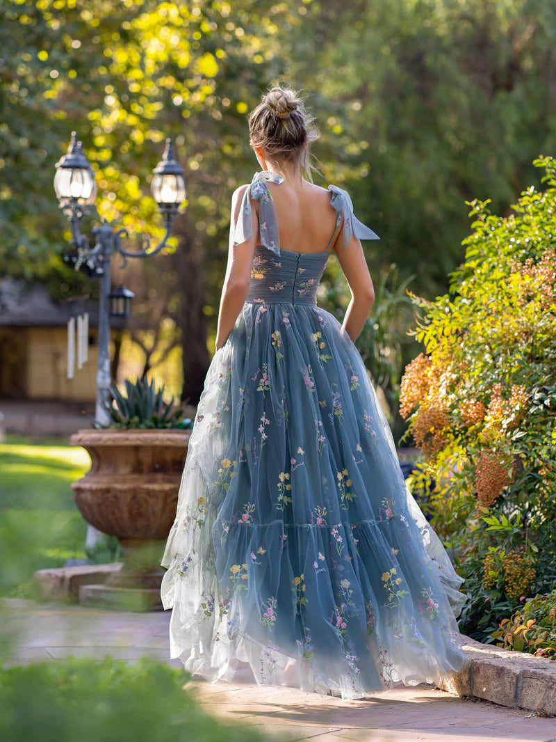 A-Line Sweetheart Neck Prom Dress Floor Length Tulle With Embroidery Floral